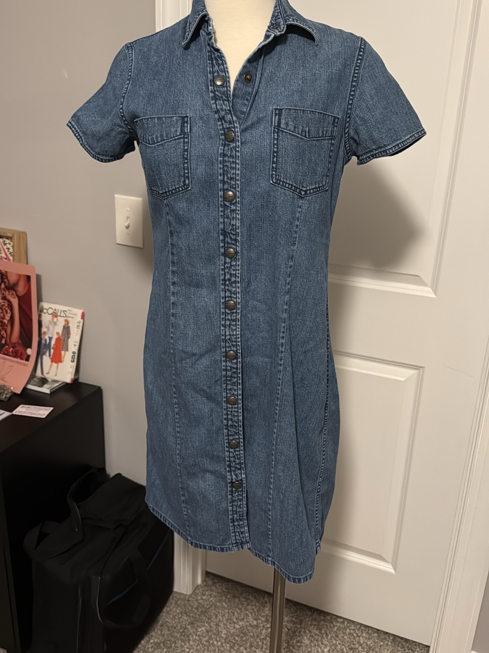 L.L. Bean Short-Sleeve Denim Snap-Front Dress - Blue